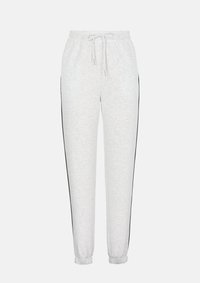Pantalon de survêtement gris clair avec taille élastique, cordon de serrage ajustable, poches latérales, bandes latérales noires et bas élastiques.