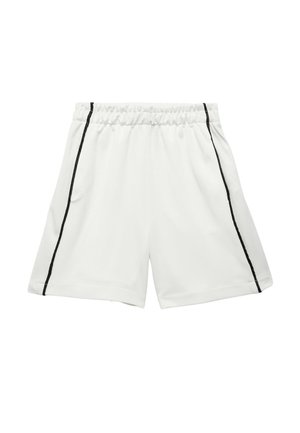 Shorts de sport blancs avec une taille élastique et des rayures latérales noires. Confectionnés dans un tissu léger et doux. Dotés de poches latérales.