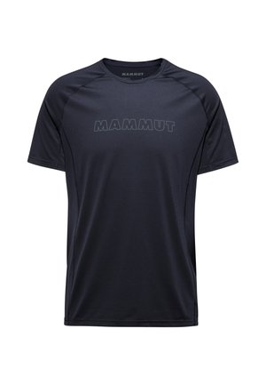 Black short-sleeve athletic t-shirt made of lightweight, moisture-wicking fabric with a subtle logo on the front and flatlock seams.