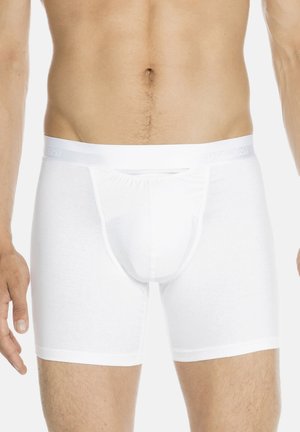 Boxer da uomo bianchi in cotone morbido, con una tasca frontale di supporto e una vita elastica con branding.