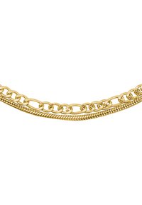 Goldkette mit drei miteinander verbundenen Stilen: massiven, strukturierten und verdrehten Gliedern, die ein glänzendes, poliertes Finish zeigen.