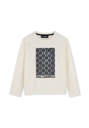 Witte longsleeve met een rechthoekig grijs-zwart patroon en de tekst "KARL LAGERFELD" gecentreerd onder het ontwerp aan de voorkant.