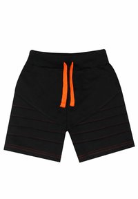 Zwarte shorts met een elastische tailleband, oranje koord en rode horizontale stiksels over de benen. Eenvoudig ontwerp met zijpanelen.