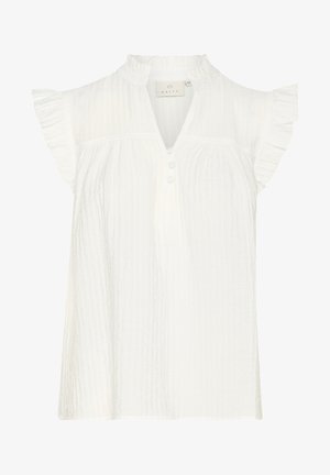 Blusa bianca texturizzata con maniche corte a volant, colletto alla cinese e un'apertura con tre bottoni nella parte anteriore.