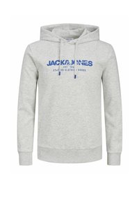 Sudadera ligera gris claro hecha de una mezcla de algodón. Presenta un logo frontal en azul, capucha ajustable con cordón y puños y dobladillo acanalados.
