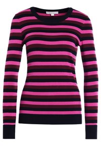 Maglione a maniche lunghe a righe con righe alternate in rosa, bordeaux e blu navy, con colletto e polsini a coste.