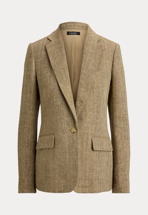 Μπεζ σακάκι σε σχέδιο ψαροκόκκαλο με γιακά με σχισμή, κλείσιμο με ένα κουμπί, δύο μπροστινές τσέπες με καπάκι και ετικέτα «Lauren Ralph Lauren» στο εσωτερικό του γιακά.