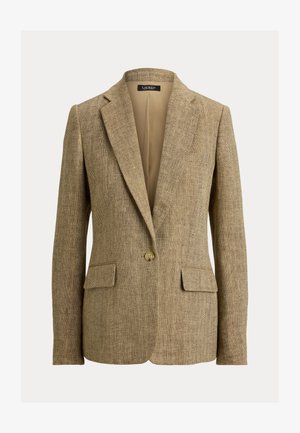 Μπεζ σακάκι σε σχέδιο ψαροκόκκαλο με γιακά με σχισμή, κλείσιμο με ένα κουμπί, δύο μπροστινές τσέπες με καπάκι και ετικέτα «Lauren Ralph Lauren» στο εσωτερικό του γιακά.