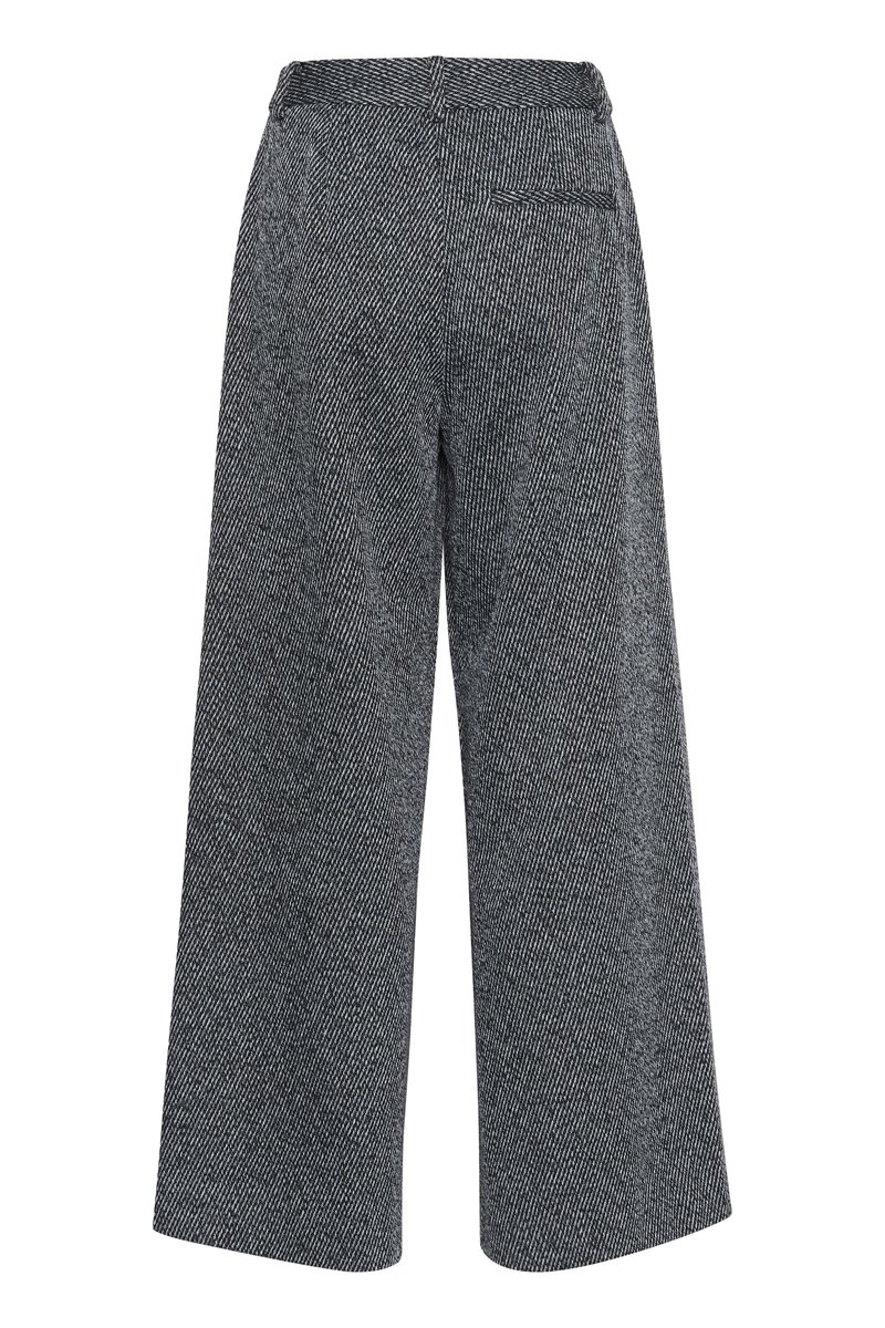 Pantaloni a gamba larga in tessuto a spina di pesce, caratterizzati da un motivo grigio e nero, realizzati in tessuto testurizzato con un dettaglio della tasca posteriore.