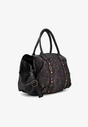 Black leather handbag with a textured side, featuring a detachable strap, decorative buttons, and dual handles.