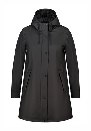 Imperméable noir avec capuche, fermeture éclair, boutons-pression, deux poches avant et une texture lisse et élégante. Manches longues.