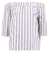 Haut épaules dénudées avec manches trois-quarts, présentant des rayures verticales bleu et crème, en tissu texturé et léger.