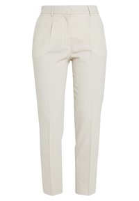 Beige, op maat gemaakte broek met een gladde textuur, voorzien van plooien, een rechte pasvorm en een veilige tailleband. Geen zichtbare zakken of versieringen.