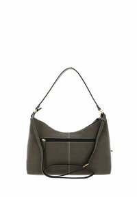 Gray faux leather handbag with a curved silhouette, top handle, and removable shoulder strap. Features white stitching and a front zip pocket.