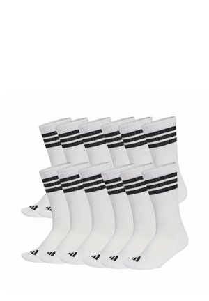 Twelve white crew socks with two black stripes near the top and a black logo on the toe area, arranged in two rows.