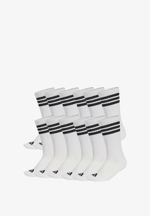Twelve white crew socks with two black stripes near the top and a black logo on the toe area, arranged in two rows.