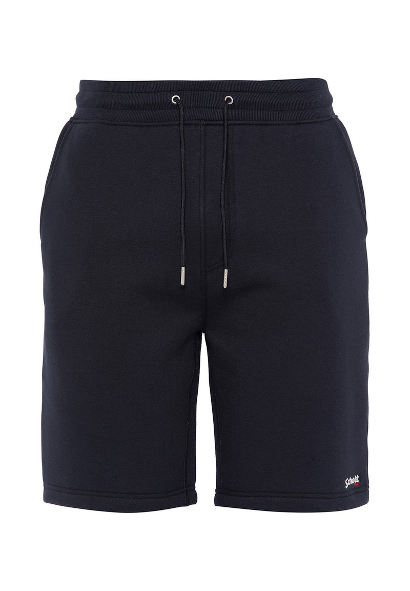 Shorts di cotone blu navy con vita elastica e cordoncino. Presentano cuciture flatlock e un piccolo logo all'orlo.