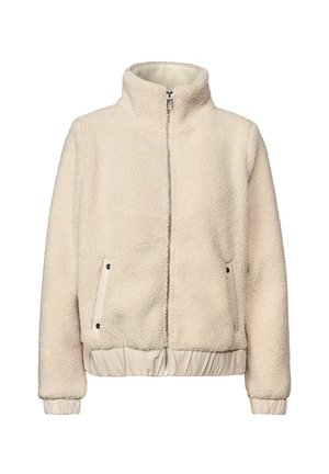 Cream-colored fleece jacket with a high collar, front zipper, and ribbed cuffs. Features side pockets with contrasting accents. Soft texture.