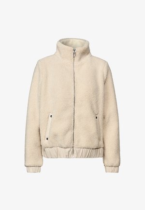 Cremefarbener Fleece-Jacke mit hohem Kragen, Frontreißverschluss und Rippbündchen. Verfügt über Seitentaschen mit kontrastierenden Akzenten. Weiche Textur.