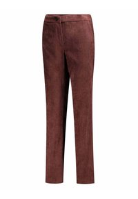 Bruine corduroy broek met een rechte snit, voorzien van een verticale geribbelde structuur, een knoopsluiting en zijzakken.