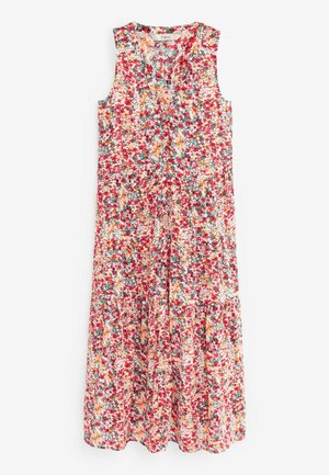 Sukienka midi bez rękawów z kwiatowym nadrukiem w kolorach czerwonym, pomarańczowym i białym, dekoltem w serek, plisowaną spódnicą i lekkim materiałem.