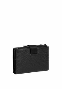 Portafoglio in pelle nera con superficie testurizzata, forma rettangolare e chiusura con fascia in tessuto. Presenta un comparto con zip.