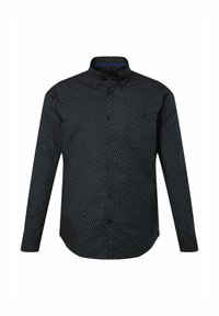 Langarm-Hemd mit Knopfleiste in dunkelblau mit einem kleinen, mehrfarbigen geometrischen Muster. Verfügt über einen spitzen Kragen und eine Brusttasche.