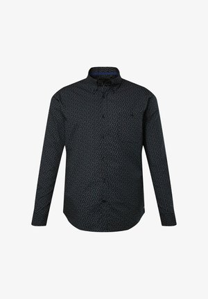 Langarm overhemd in donker marineblauw met een kleine, multiculturele geometrische print. Beschikt over een puntige kraag en een borstzak.