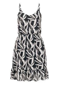 Robe noire sans manches avec motif de feuilles blanches, fines bretelles, taille élastique et ourlet à volants.
