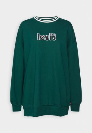Sudadera verde de manga larga, con un cuello redondo acanalado en blanco y negro. Logotipo bordado de "levi's" en el pecho. Tejido suave y texturizado.