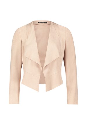 Giacca in faux suede beige con apertura frontale, maniche lunghe e design a scallop sul bordo, caratterizzata da una texture liscia e uno stile minimalista.