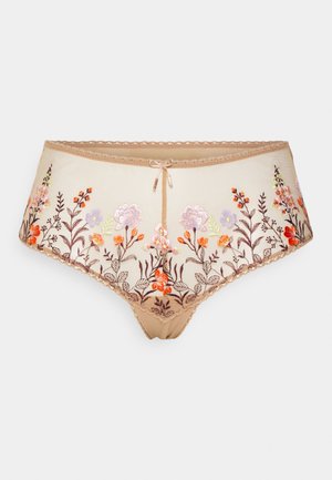 Beige cotton brief with floral embroidery in shades of orange, pink, and purple. Features a delicate lace trim and a bow detail at the front.