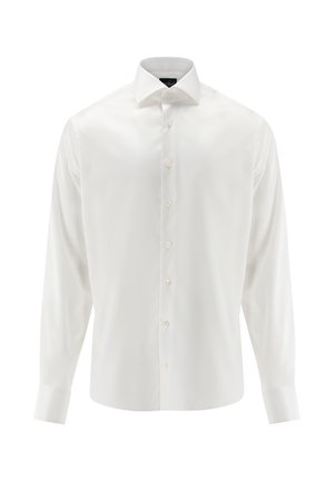 Langärmeliges weißes Hemd aus glattem Stoff, mit klassischem Kragen, durchgeknöpftem Vorderteil und Knopfmanschetten. Minimalistisches Design ohne Muster.