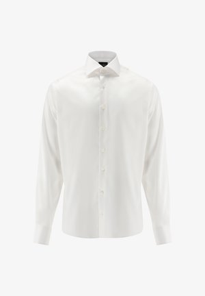 Langärmeliges weißes Hemd aus glattem Stoff, mit klassischem Kragen, durchgeknöpftem Vorderteil und Knopfmanschetten. Minimalistisches Design ohne Muster.