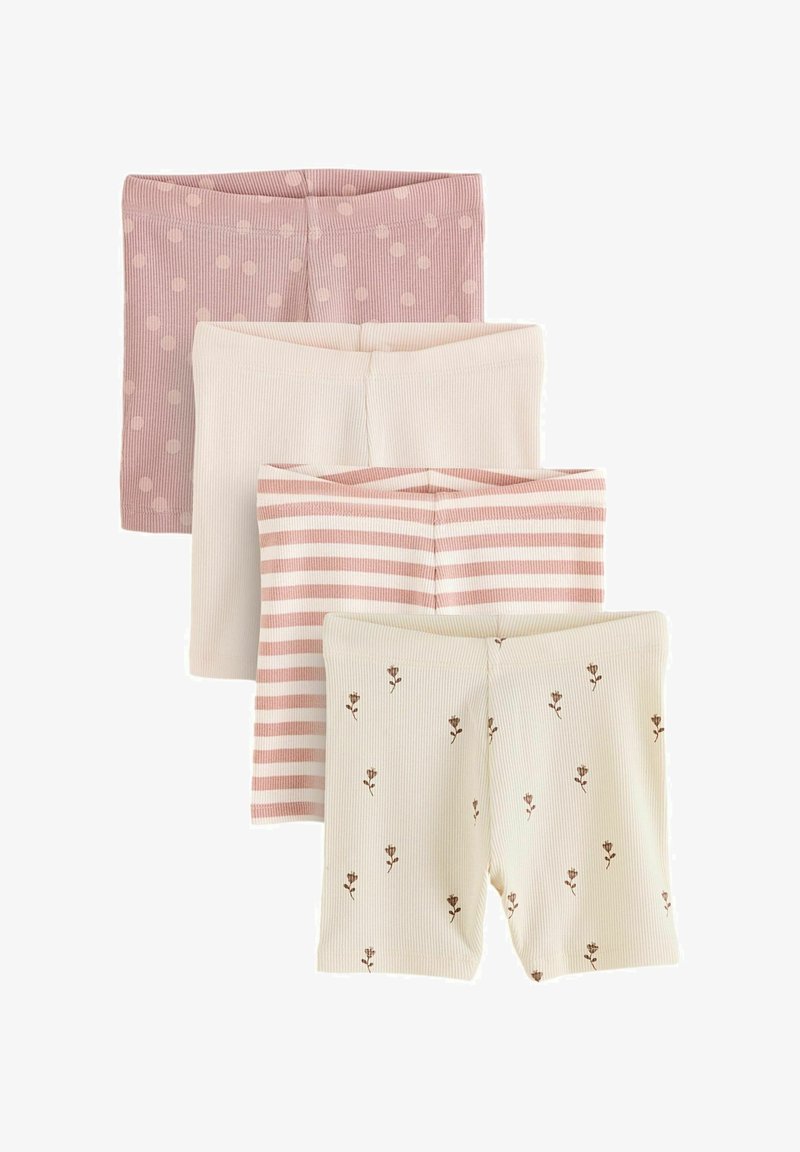 Fire par ribstrikkede babynederdele i pink polkaprikker, creme, pink og creme striber og creme med små blomstermønstre.