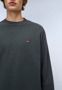 Sudadera gris con cuello redondo, que presenta un pequeño acento bordado de la bandera noruega en el pecho. Tejido suave y texturizado.