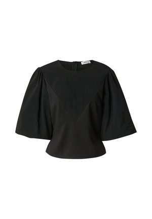 Zwarte blouse met opgezette ellebooglange mouwen, ronde halslijn en een subtiele driehoekige paneel detail aan de voorkant.