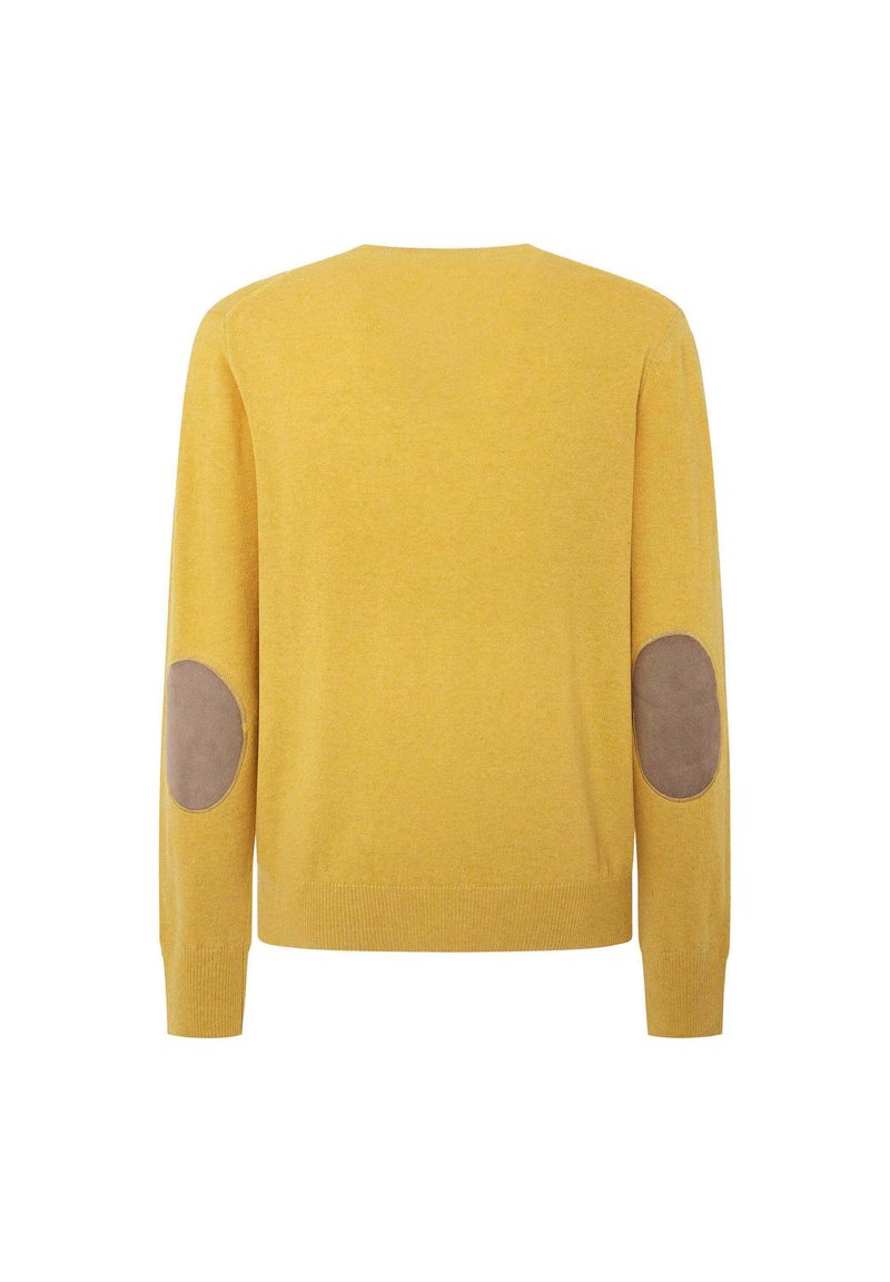 Pull jaune à manches longues, col rond et coudières marron ; fabriqué en tissu doux, mettant en valeur une texture lisse.