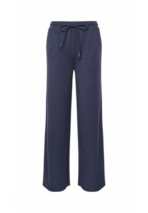 Granatowe spodnie o szerokich nogawkach z elastycznym pasem i regulowanym sznurkiem, wykonane z miękkiego, lekkiego materiału.