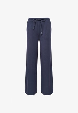 Laivastonsiniset leveälahkeiset housut, joissa on joustava vyötärönauha ja säädettävä kiristysnaru, valmistettu pehmeästä, kevyestä kankaasta.