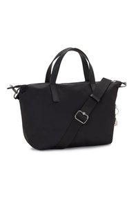 Borsa in nylon nera con due manici corti e una tracolla rimovibile. Presenta una chiusura con zip e un piccolo ciondolo sul lato.