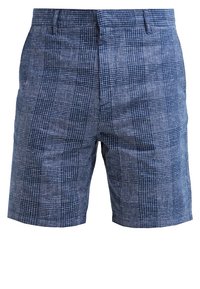Shorts bleu foncé à carreaux avec un tissu texturé, présentant une coupe classique et un devant plat avec deux poches latérales.