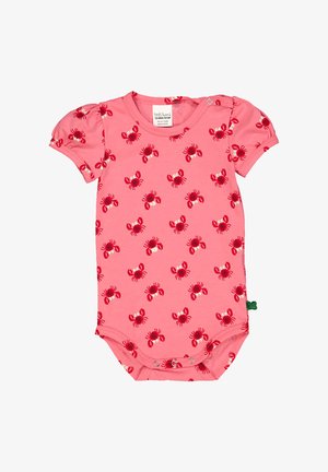 Różowy body dla niemowląt wykonane z miękkiego materiału, z wzorem czerwonych krabów z białymi detalami, krótkie bufiaste rękawy oraz zapięcia na napy u dołu.