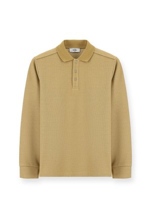 Polo a maniche lunghe in khaki con tessuto testurizzato, patta con tre bottoni e colletto classico. Presenta cuciture e polsini tono su tono.