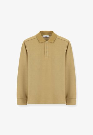 Poloshirt met lange mouwen in kaki, gemaakt van een gestructureerde stof, met een drieknops sluiting en een klassieke kraag. Kenmerkt zich door ton-sur-ton stiksels en manchetten.