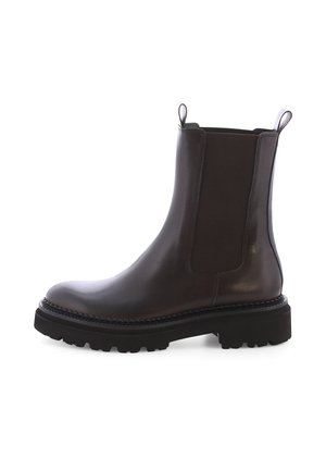 Bruine leren enkelboot met elastische zijkanten, ronde neus en robuuste zwarte zool. Voorzien van treklussen aan de bovenkant voor comfortabele instap.