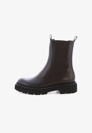 Braune Leder-Stiefelette mit elastischen Seitenpaneelen, runder Zehenpartie und grober schwarzer Sohle. Mit Zugschlaufen am oberen Rand für einfaches An- und Ausziehen.