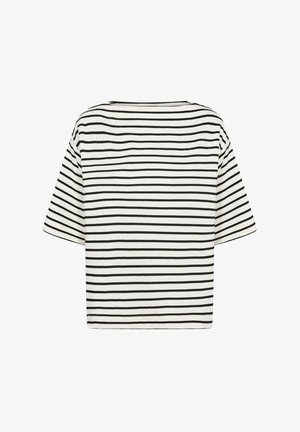 Raidallinen T-paita, jossa on löysä istuvuus, vaakasuoria mustia ja valkoisia raitoja, lyhyet hihat ja pyöreä pääntie. Pehmeä kankaan rakenne.