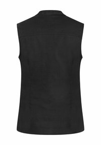 Black sleeveless vest with a simple design. Its fabric is smooth, featuring a straight cut and traditional collar. No visible fastenings or pockets.