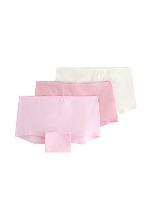 Tre kvinders sømløse hipster trusser i hvid, medium pink og lyserød, stablet med den mindste størrelse foran.